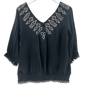 White House Black Market Women's Size M Black‎ Embroidered Silk Top Blouse
